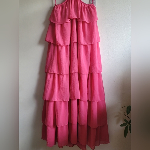 Ieena for Mac Duggal,  Tiered Ruffle Pleated High Neck Gown, HotPink, Size 6,NWT - Picture 10 of 16